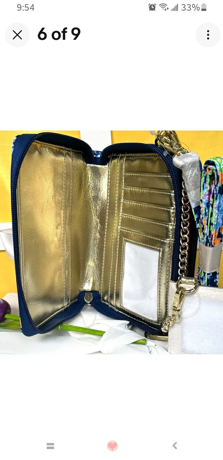 Disney x Lilly Pulitzer Mickey Floral Zip Wristlet Wallet Blue Chain ID Window