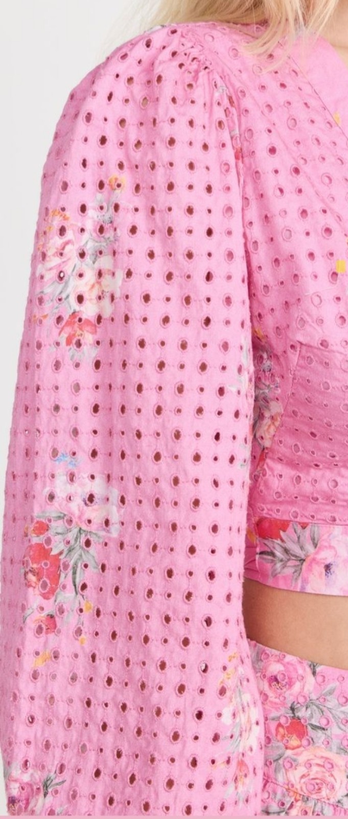 LoveShackFancy Kinza Crop Pink Eyelet Wrap Top Puff Sleeve Blouse Size S