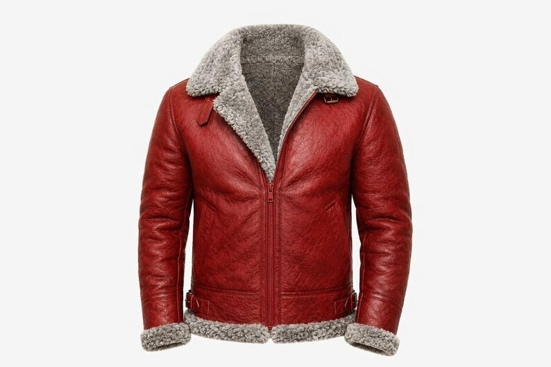 Men’s Red Genuine Sheepskin B3 Bomber Aviator Jacket with Grey Shearling Fur