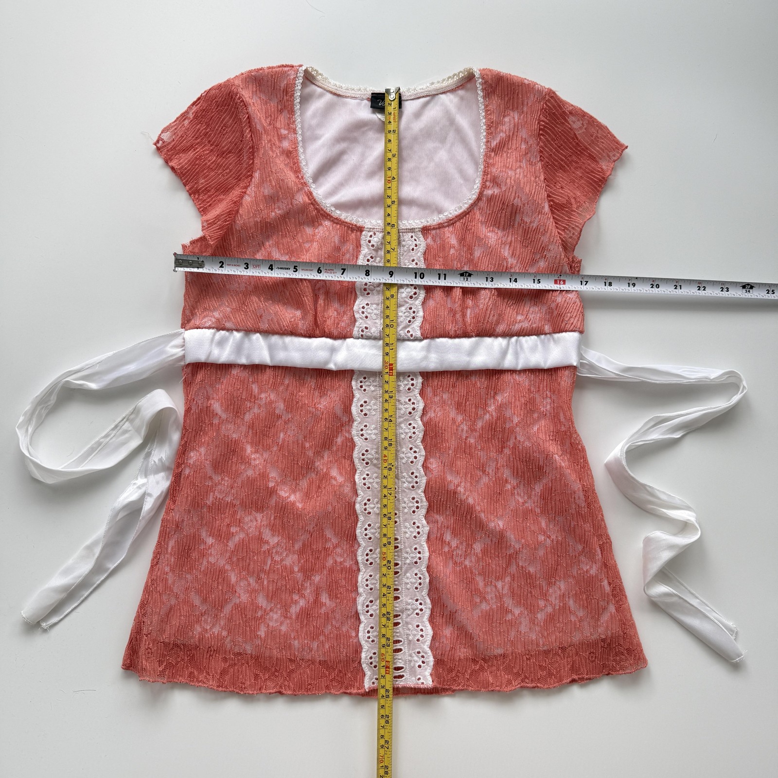 Vanity Tunic Blouse Womens M Pink Lace Square Neck Belted Flutter Sleeve Top
