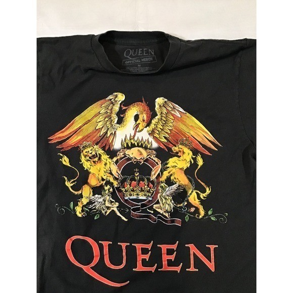 Queen Official Merch T-Shirt Mens Medium Black Classic Crest Logo Rock Band Tee
