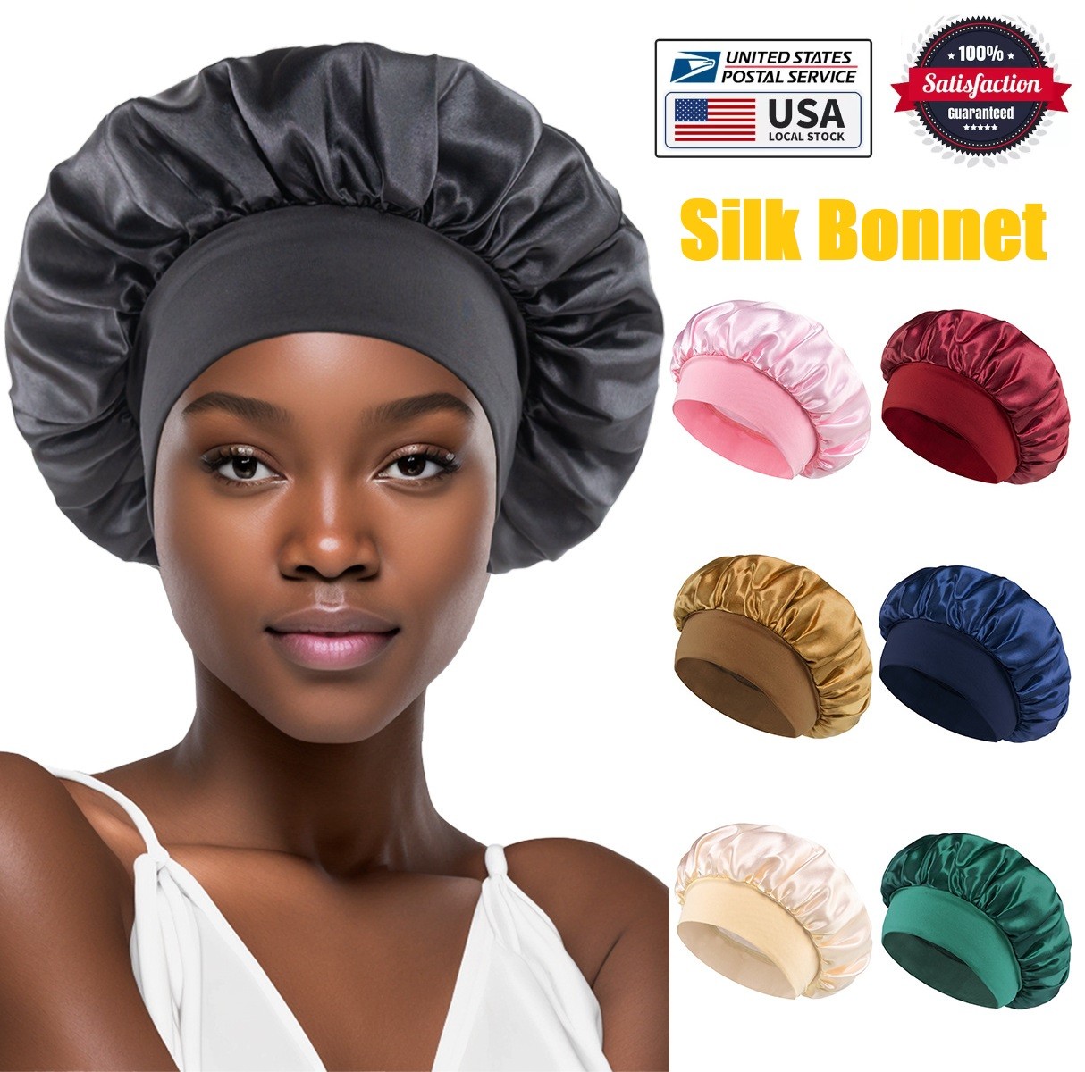 Satin Silk Bonnet for Sleeping, Double Layer Silk Sleep Cap for Men & Women Soft