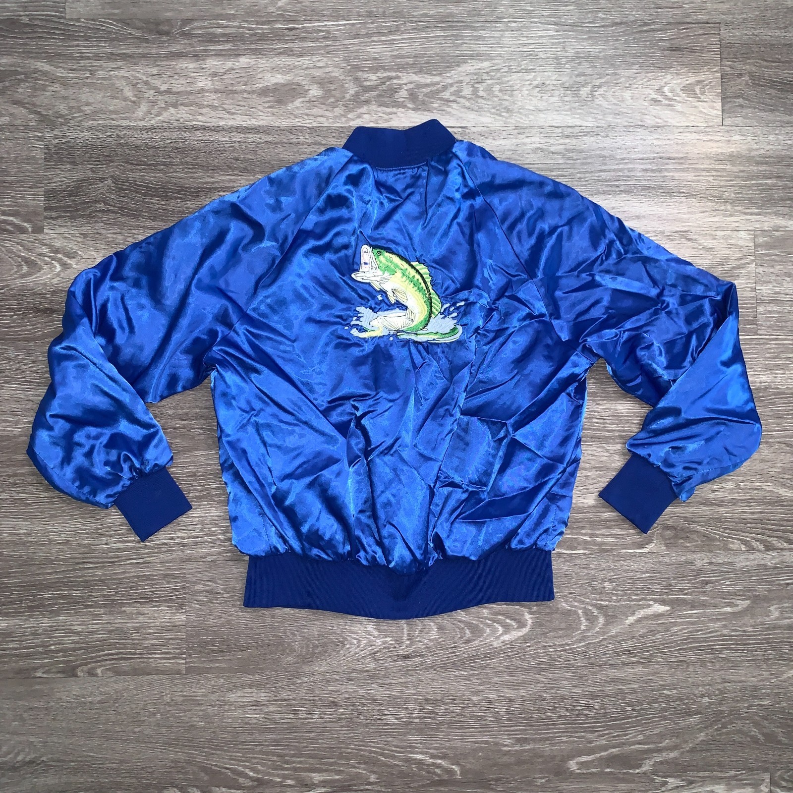 Vintage Blue Sports Master Embroidered Fishing Bass Nylon Jacket Sz. M USA