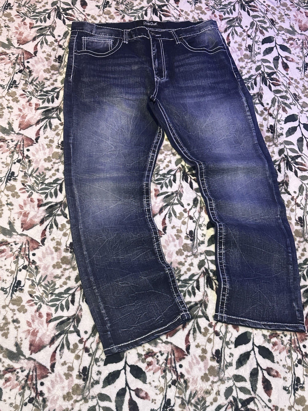 True Luck Men’s Blue Dark Wash Flared Denim Jeans 5-Pocket Button Zip(36×30)