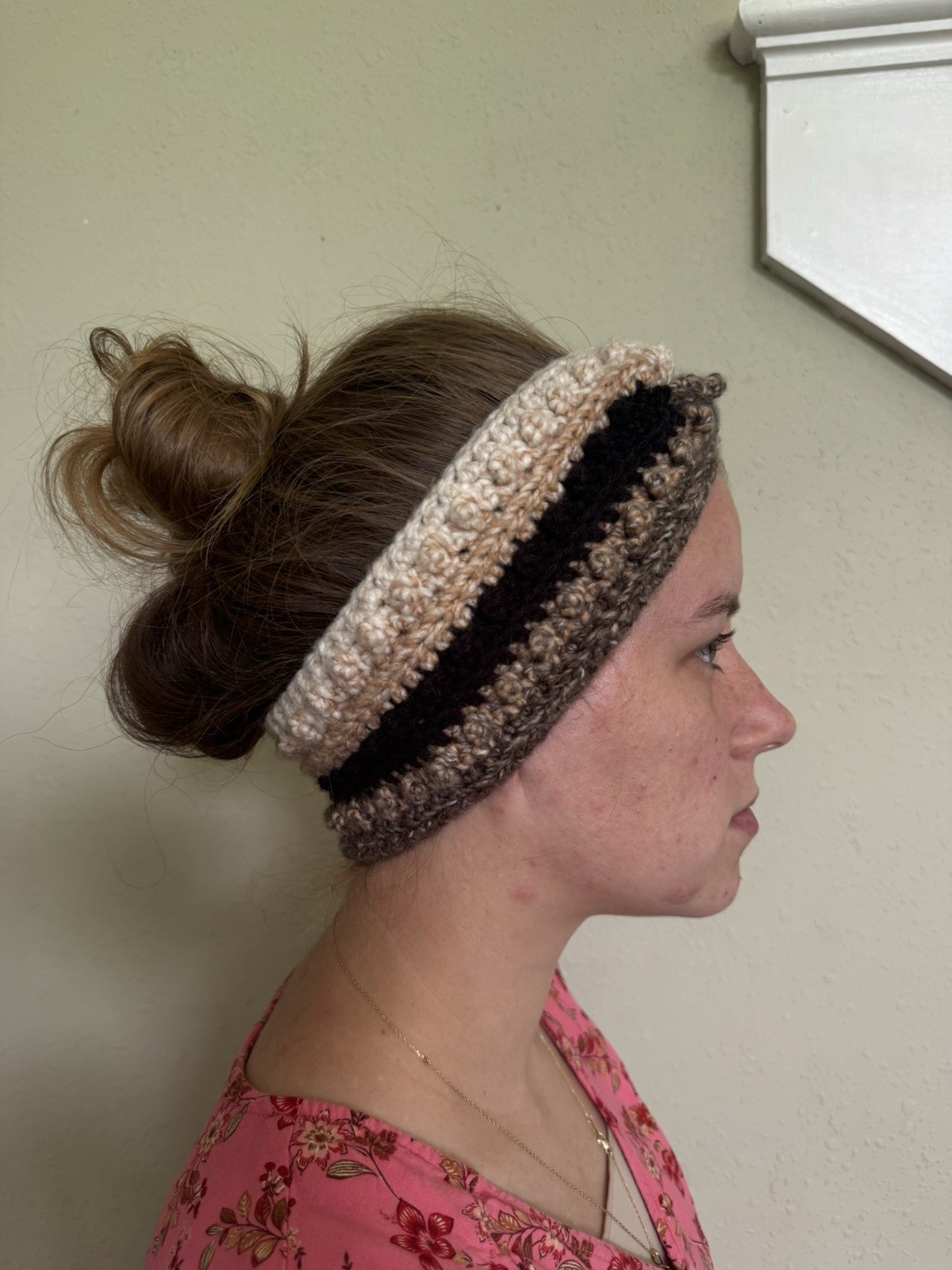 Knit Striped Headband Ear Warmer, Beige Black Brown, Stretch