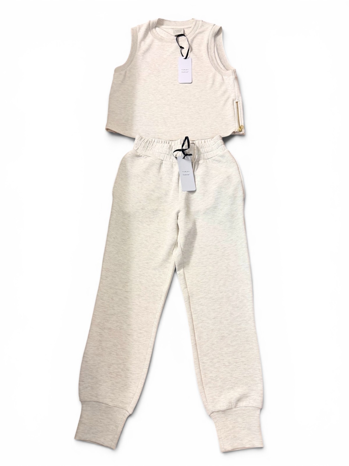 NWT Varley DoubleSoft Lounge Set Ivory Marl Shea Crop Tank S Slim Cuff Pant XS