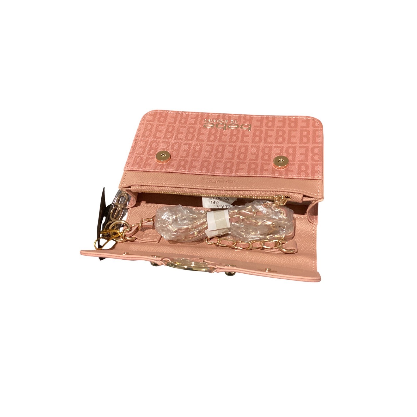 Bebe Kira Logo Crossbody Bag Dusty Rose Pink Gold Chain Strap BE-4434L NEW