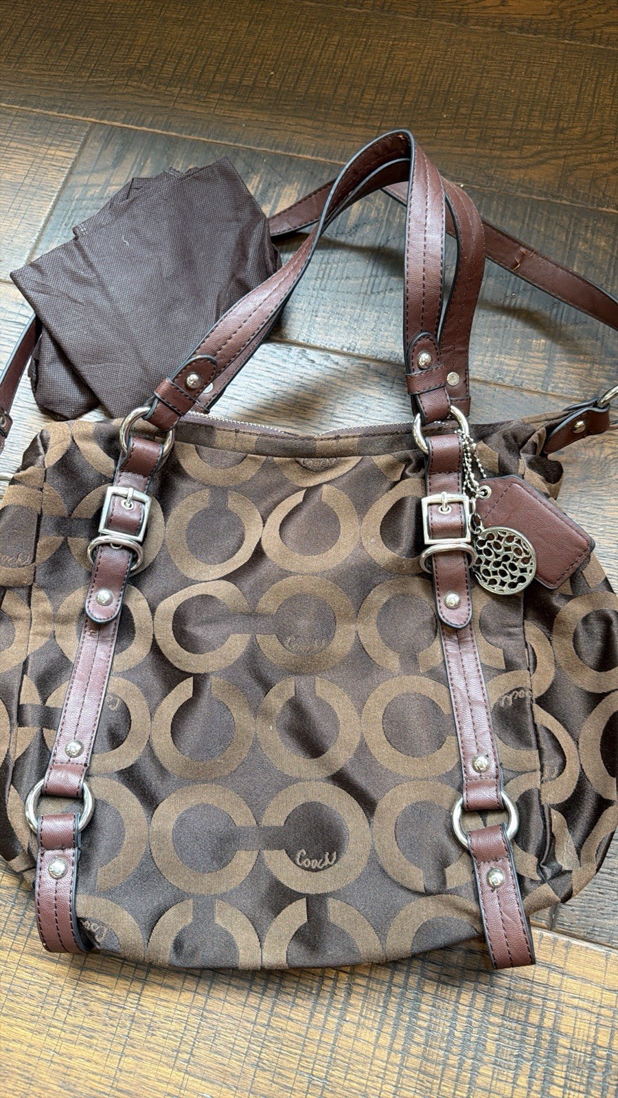 Coach Brown Logo Satchel/Top Handle Bag Zip Pink Lining Silver Hardware Charm