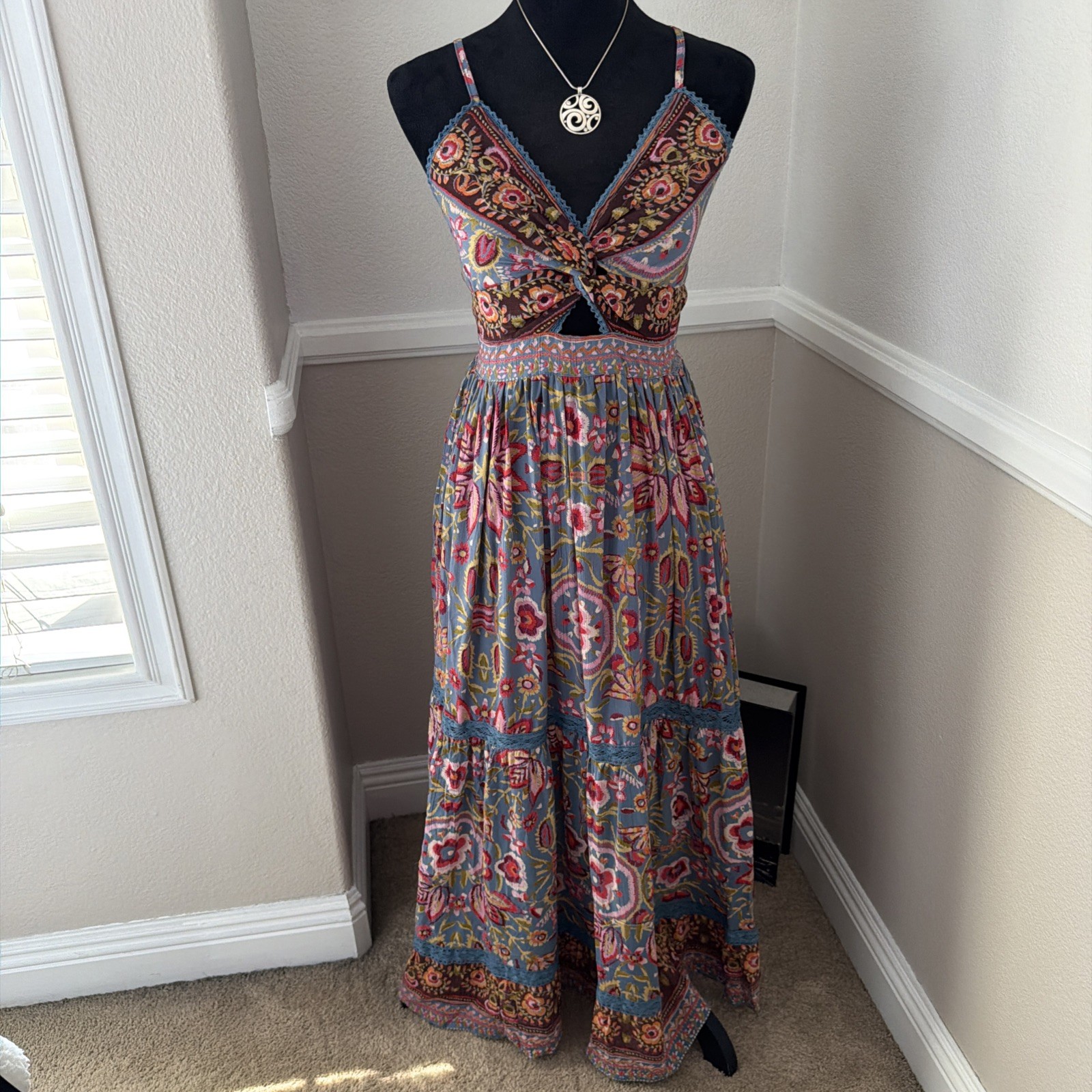 NWT Angie Boho Cottage Floral Smocked Twist Front Maxi Dress Blue Multi $78 S