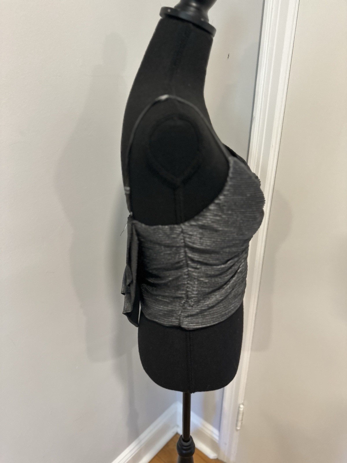 NWT Express Sz:S Pleated shimmer Metallic Bow Back Top Formal Cocktail Gray