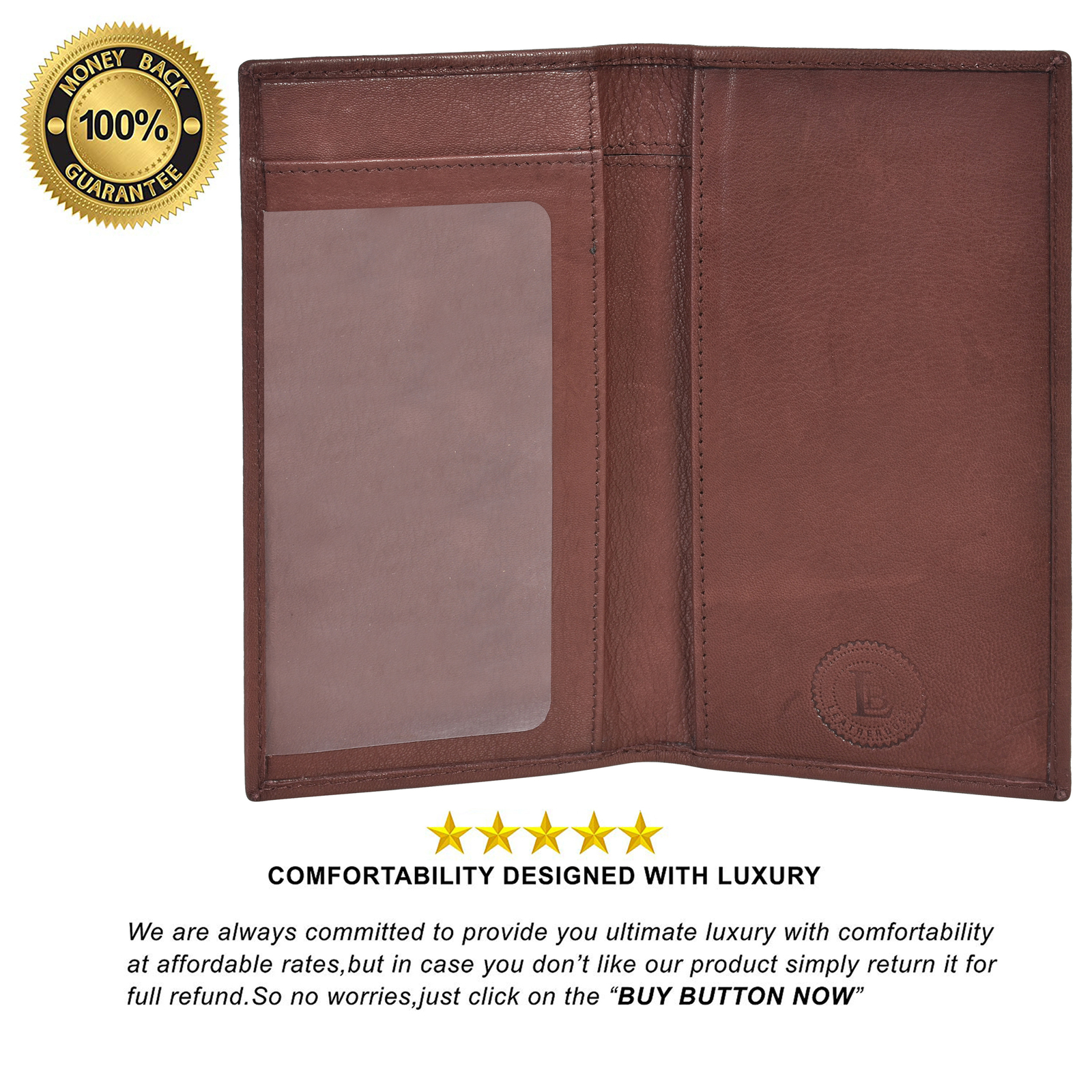 Leatherboss Genuine Leather PLAIN Checkbook Cover with ID Slot, Dark Brown
