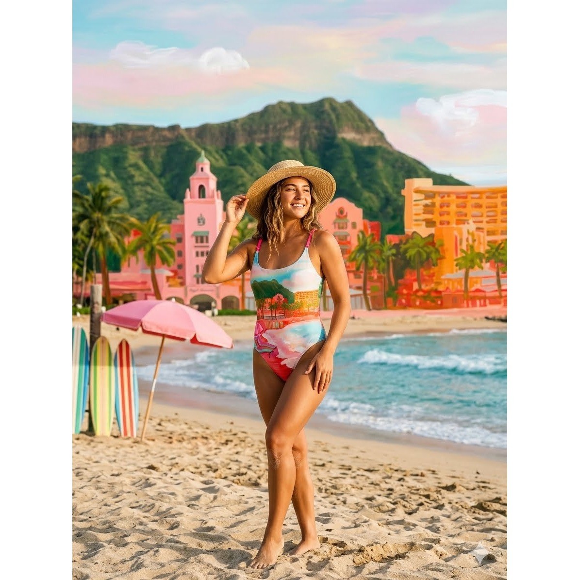 Cotton On Body Waikiki Beach Tropical Landscape Print One Piece Swimsuit Large