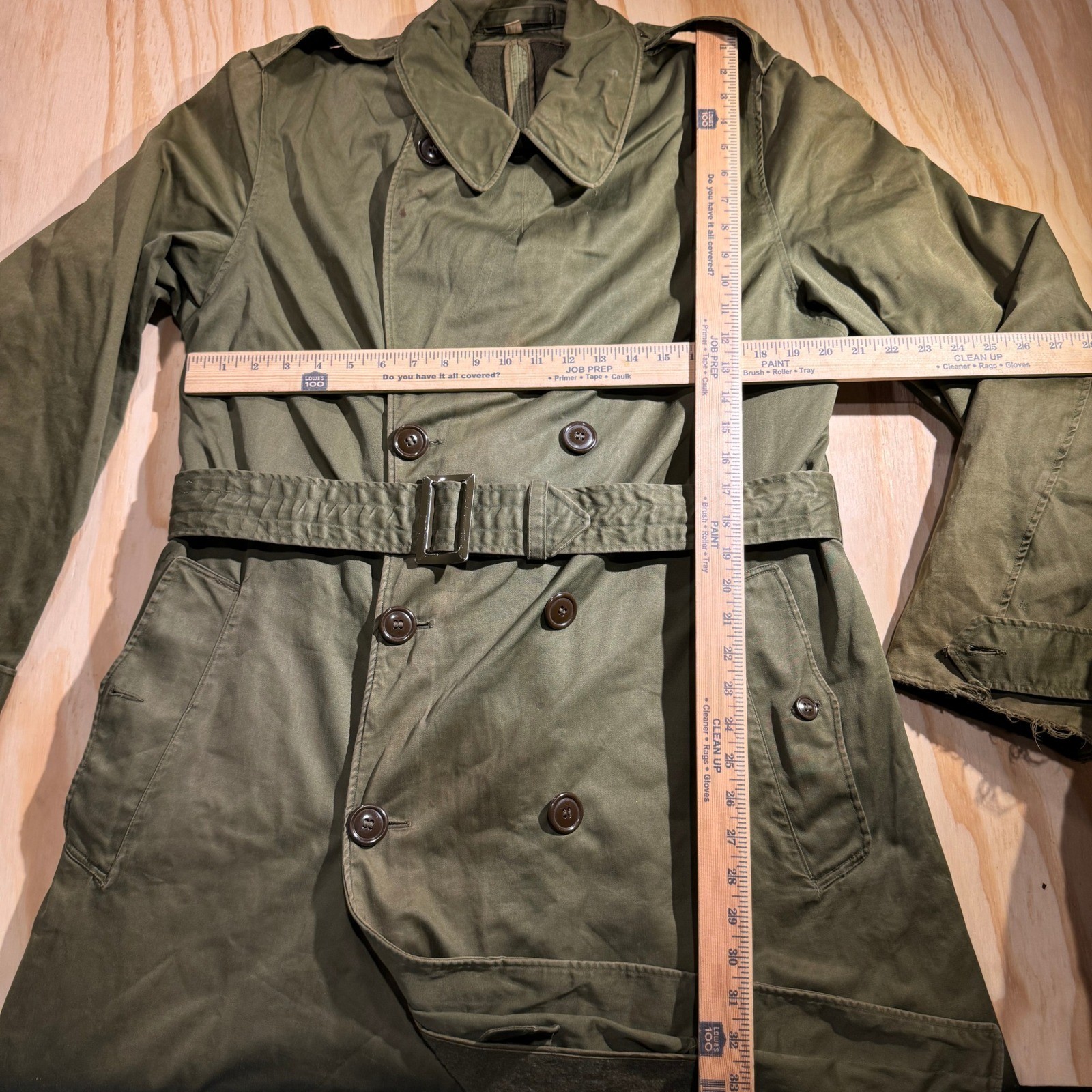 vintage US Army OG-107 sateen overcoat circa early 1950s Korean War era