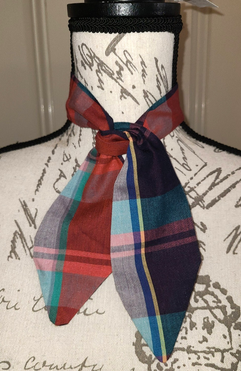 Vtg cotton Madras plaid multicolor reversible tie, red blue purple green