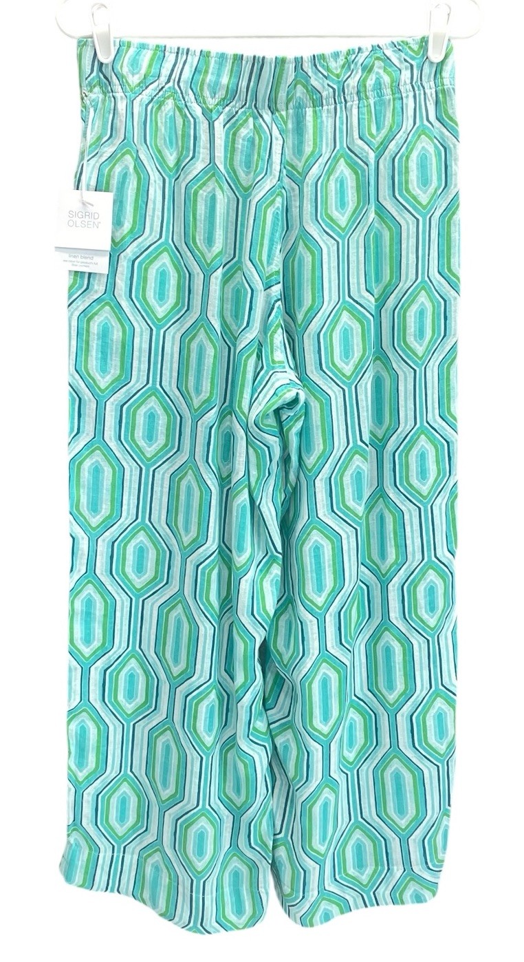 NEW Sigrid Olsen Linen Blend Coastal Beach Pants Womens M Blue Aqua Geometric
