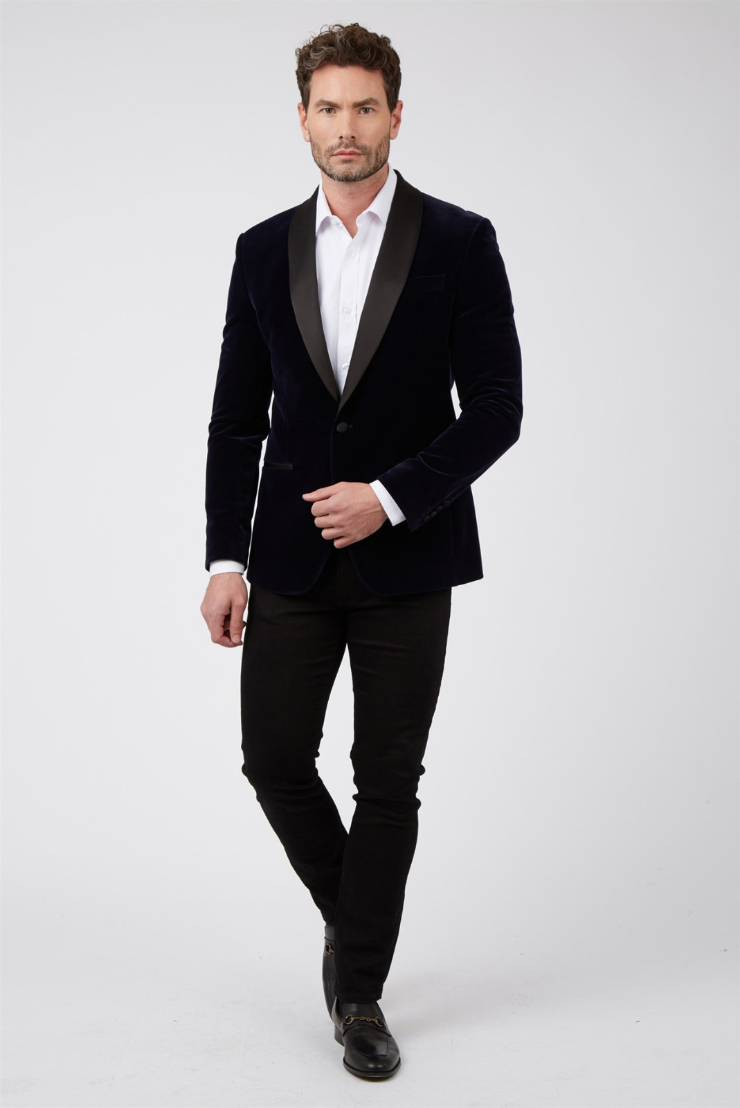 Slim Fit Smoking Jacket Navy Blue Velvet Tuxedo Shawl Collar Blazer One Button