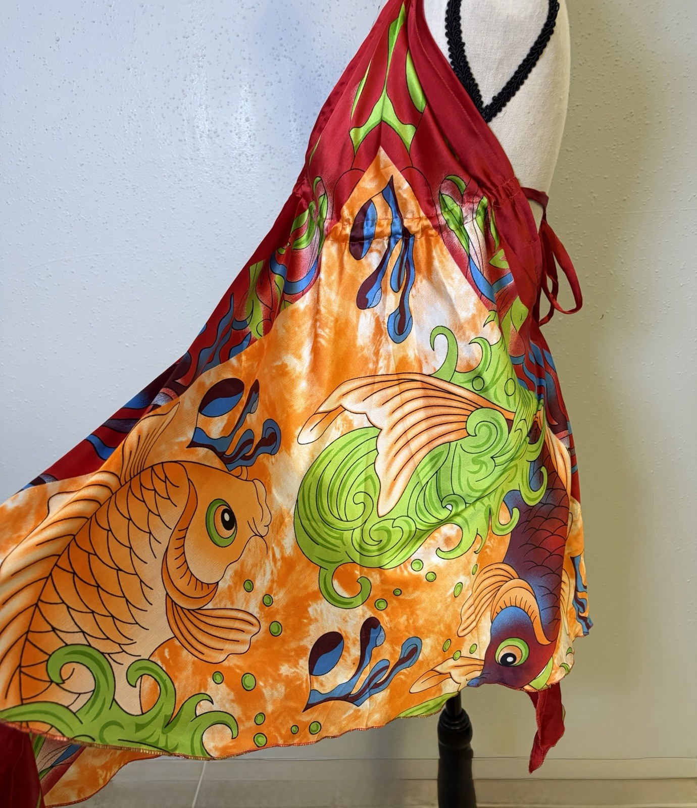 India Boutique Vibrant Flowy Koi Fish Print Halter Mini Dress One Sz Bohemian