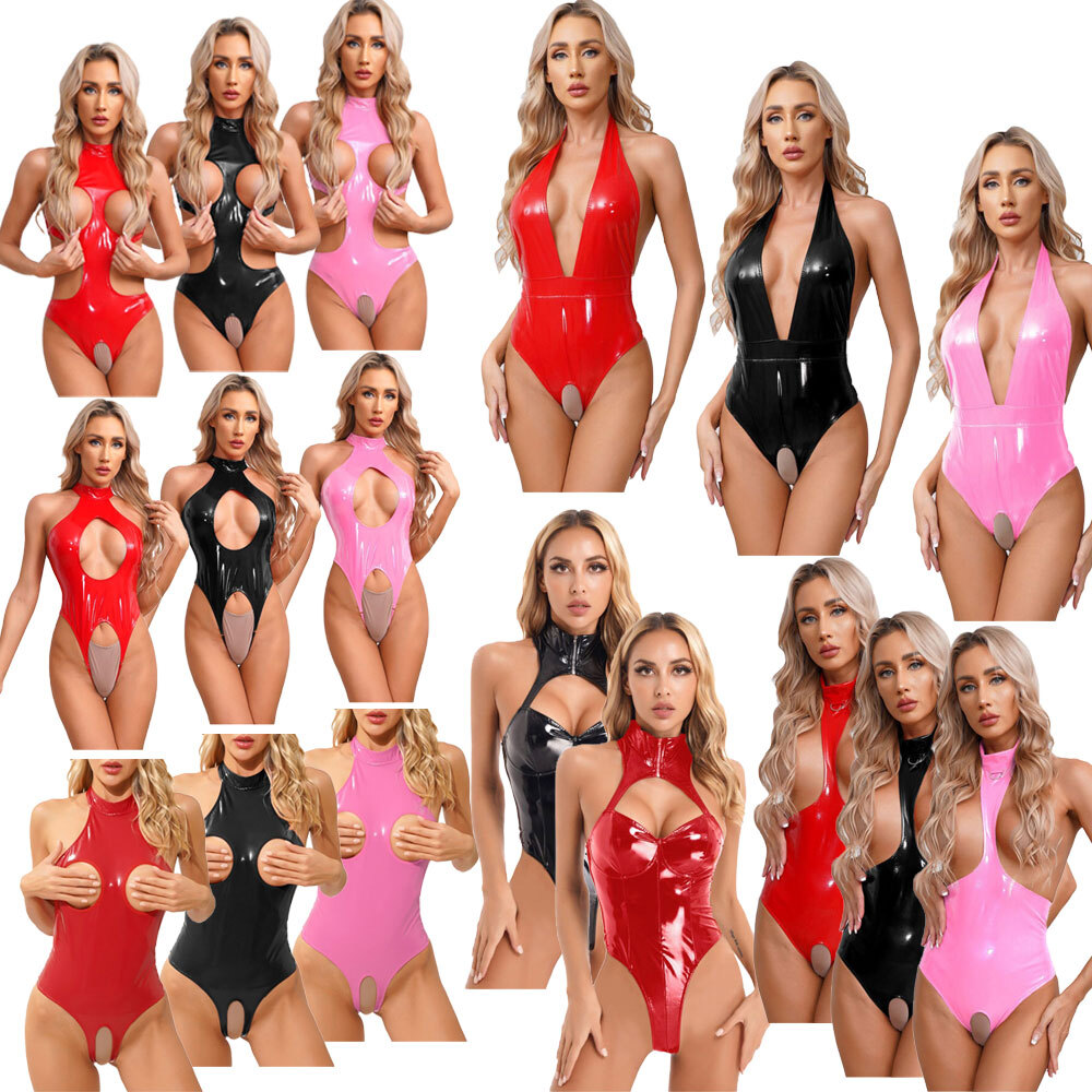 Women PVC Leather Open Chest Exposing Latex Catsuit Bodysuit Lingerie Teddies