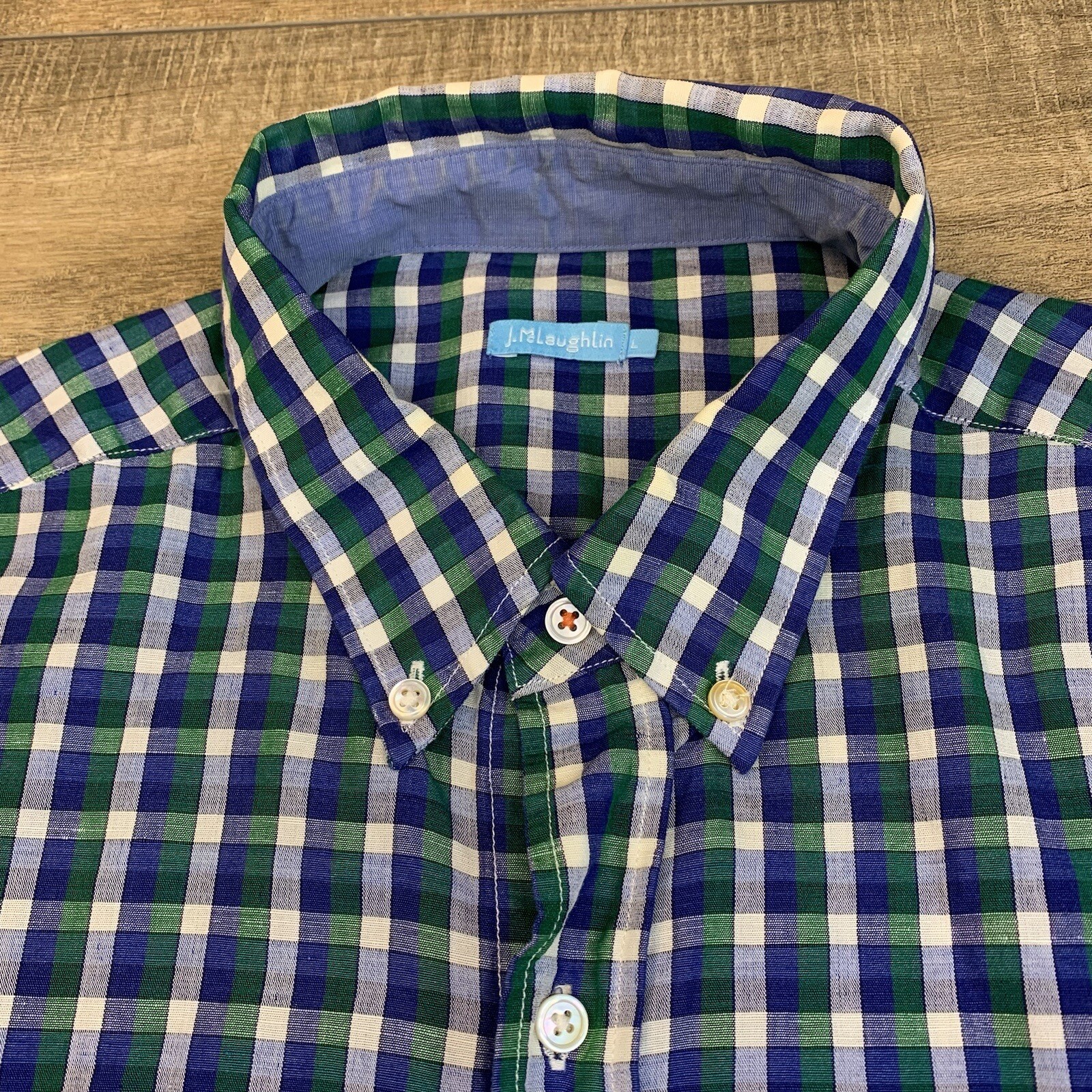 J McLaughlin Mens Long Sleeve Button Up Shirt Size Large 52% Linen Check B16