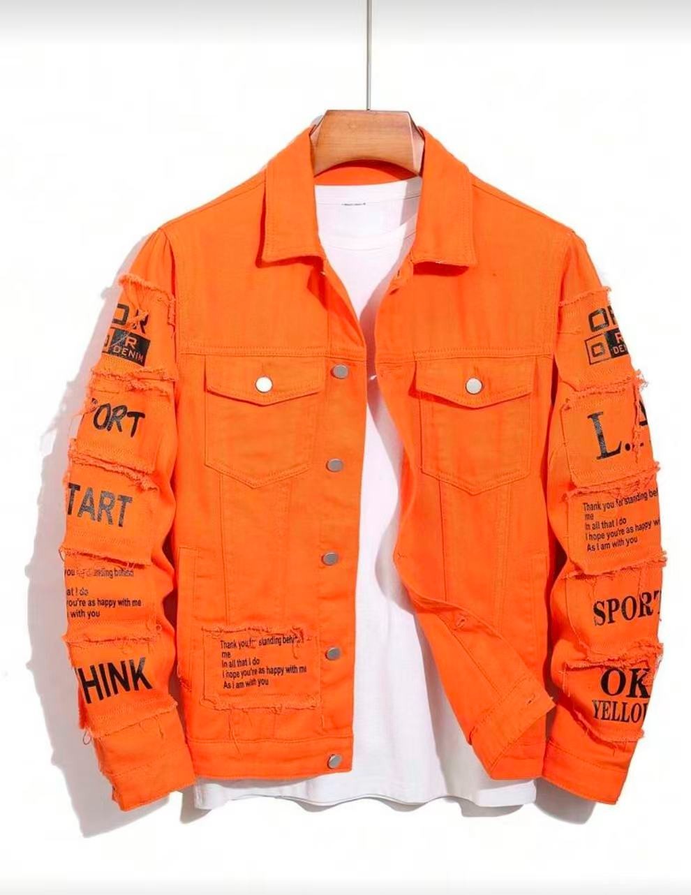 Men’s Yellow Denim Jacket Slogan Letter Print Cotton Streetwear