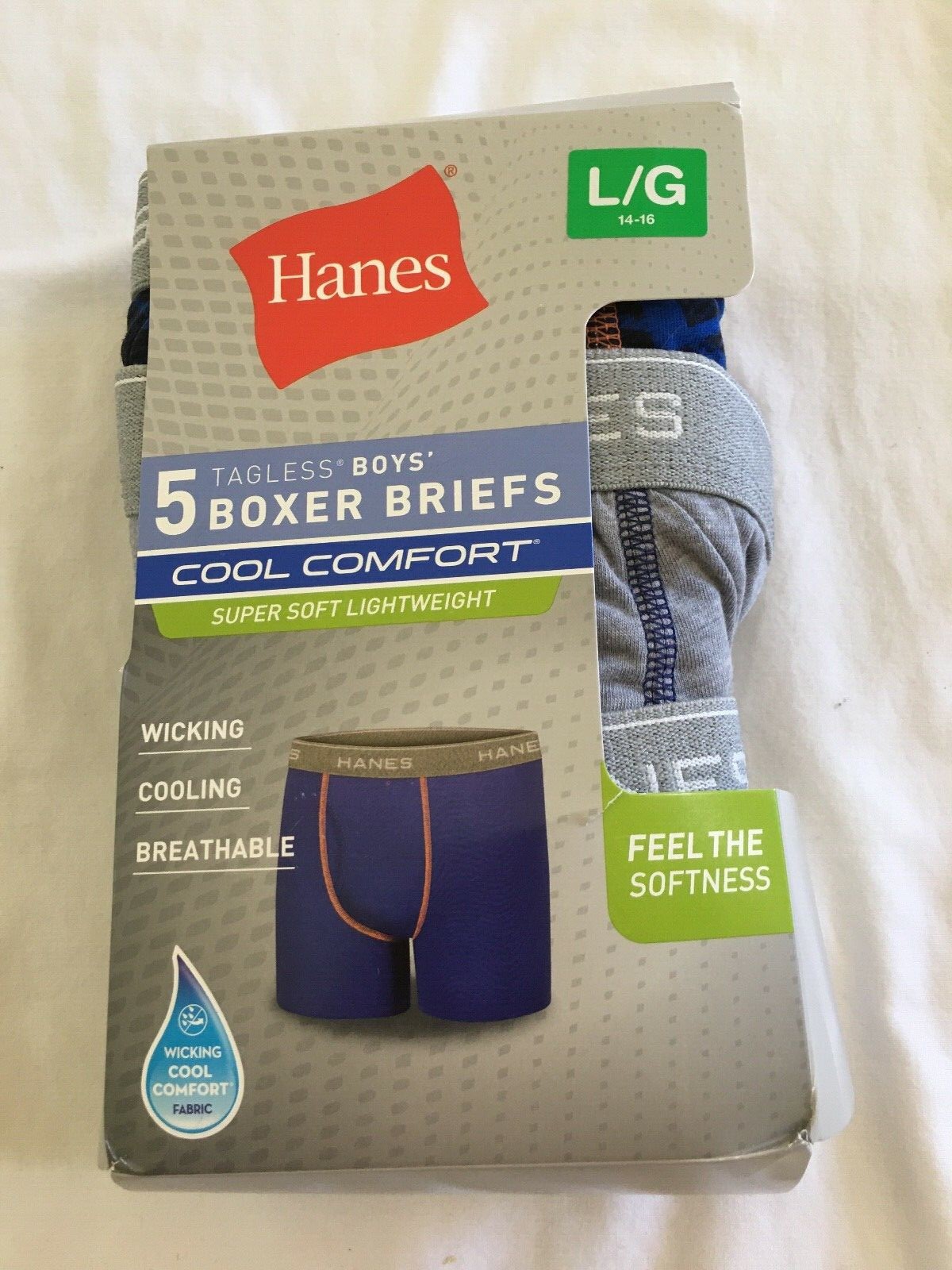 NWT Hanes Boys Boxer Briefs Underwear 5 pairs/pack Blue Gray Tagless Soft Large