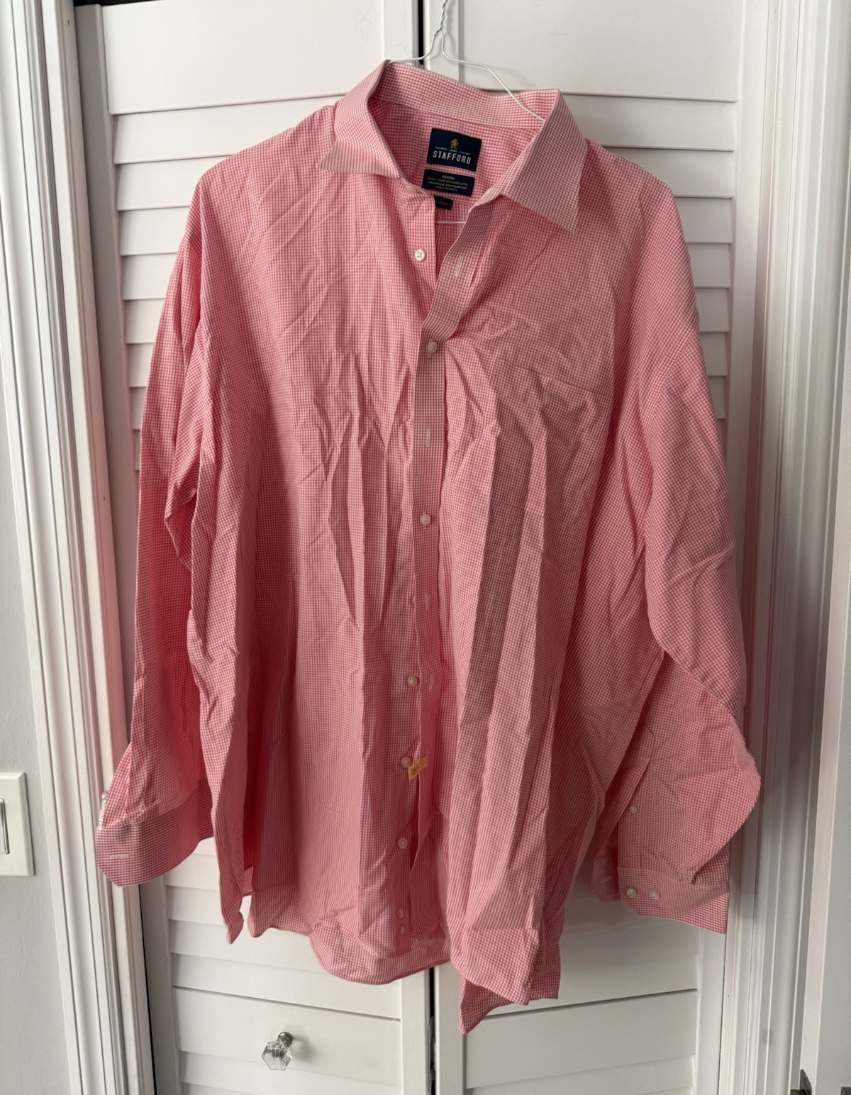 Stafford Tailored Pink/White Gingham Easy Care Broadcloth Dress Shirt 19 35-37