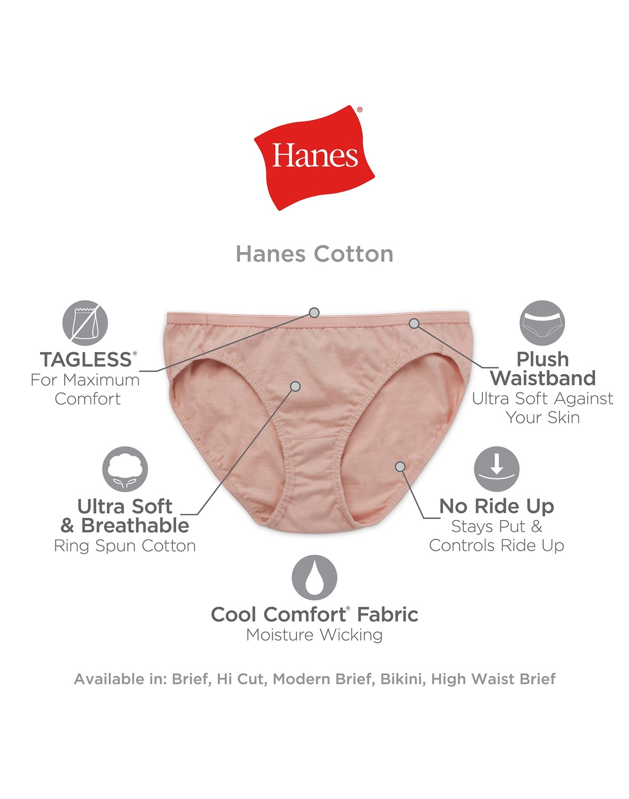 Hanes No Ride Up Cotton Bikini Panties 6-Pack Womens Panty Assorted Underwear
