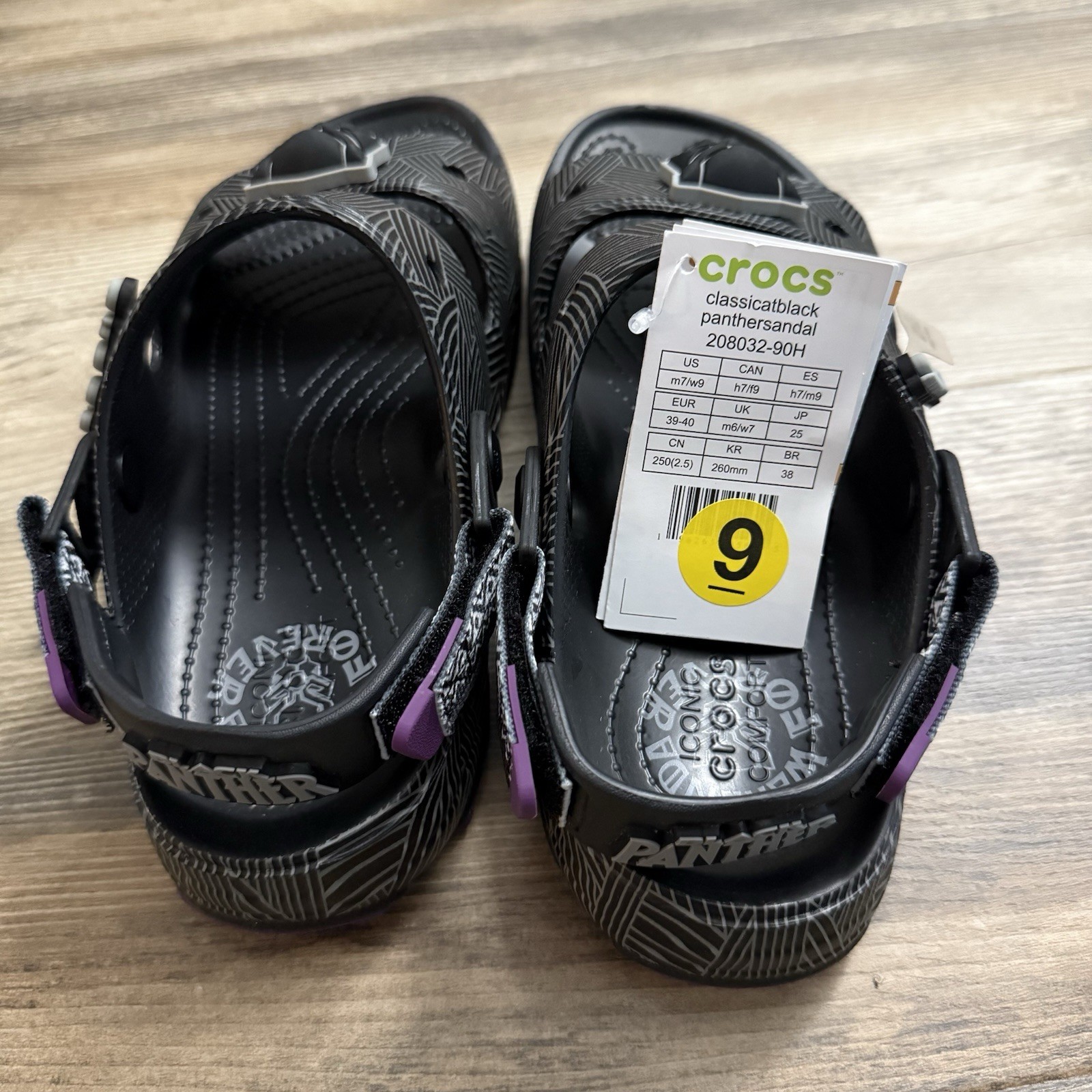 Crocs Black Panther Sandals W9 M7 Marvel Wakanda Forever Slide Adjustable NWT