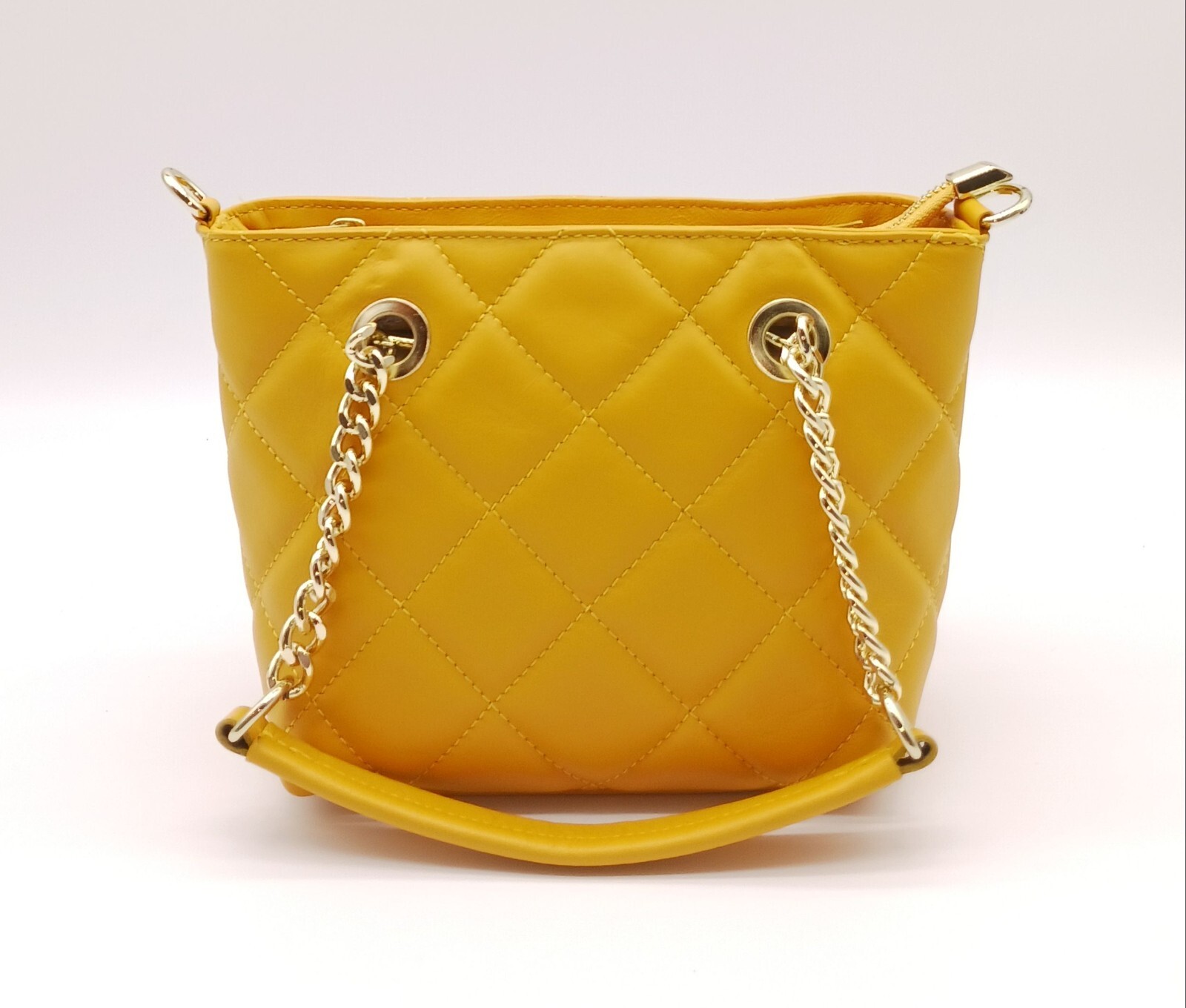 Italian Genuine Leather Small Quilted Tote Crossbody – Made In Italy – Mustard
