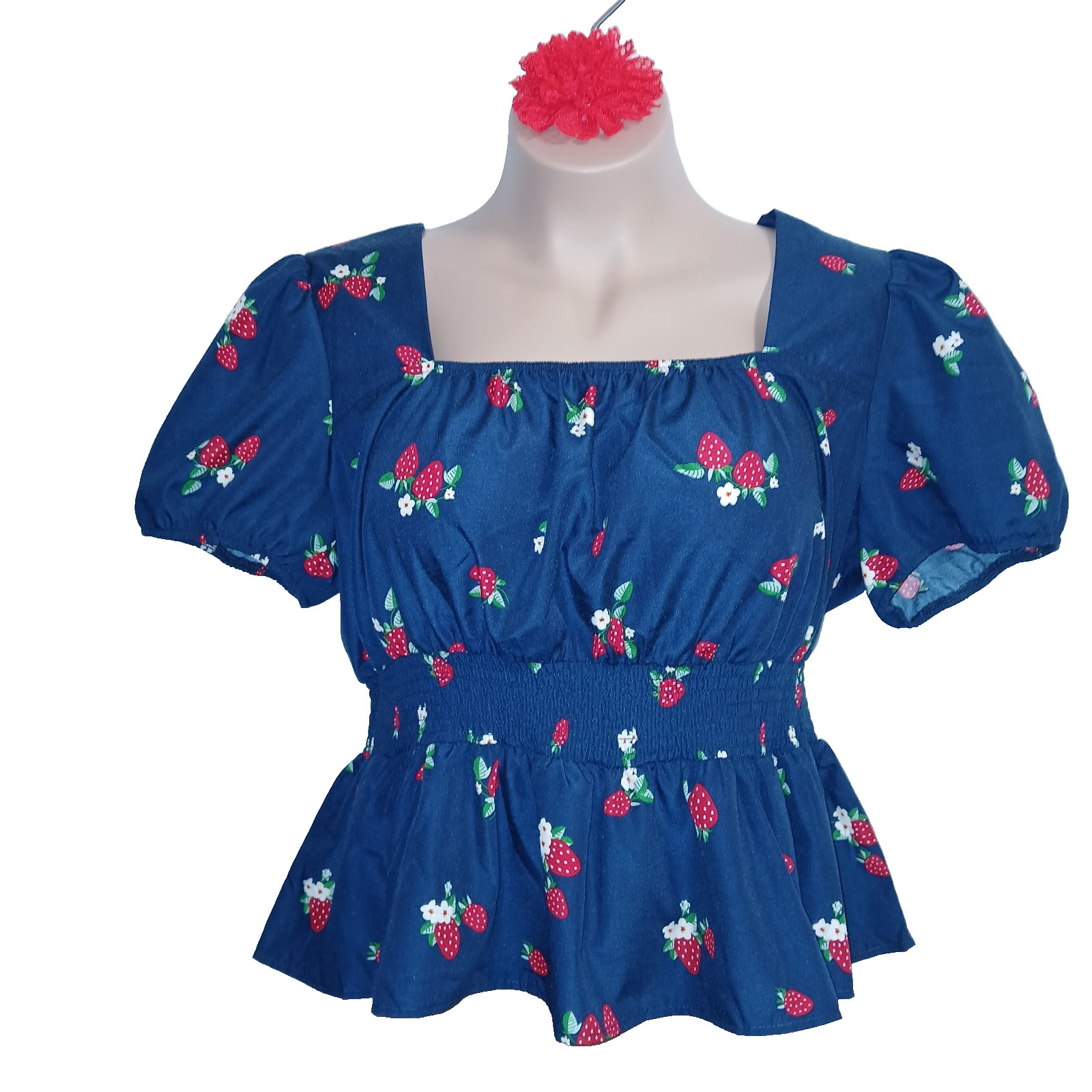 Hesperus Women Strawberry Peplum Top 3X Blue Fruit Floral Smocking Cottagecore