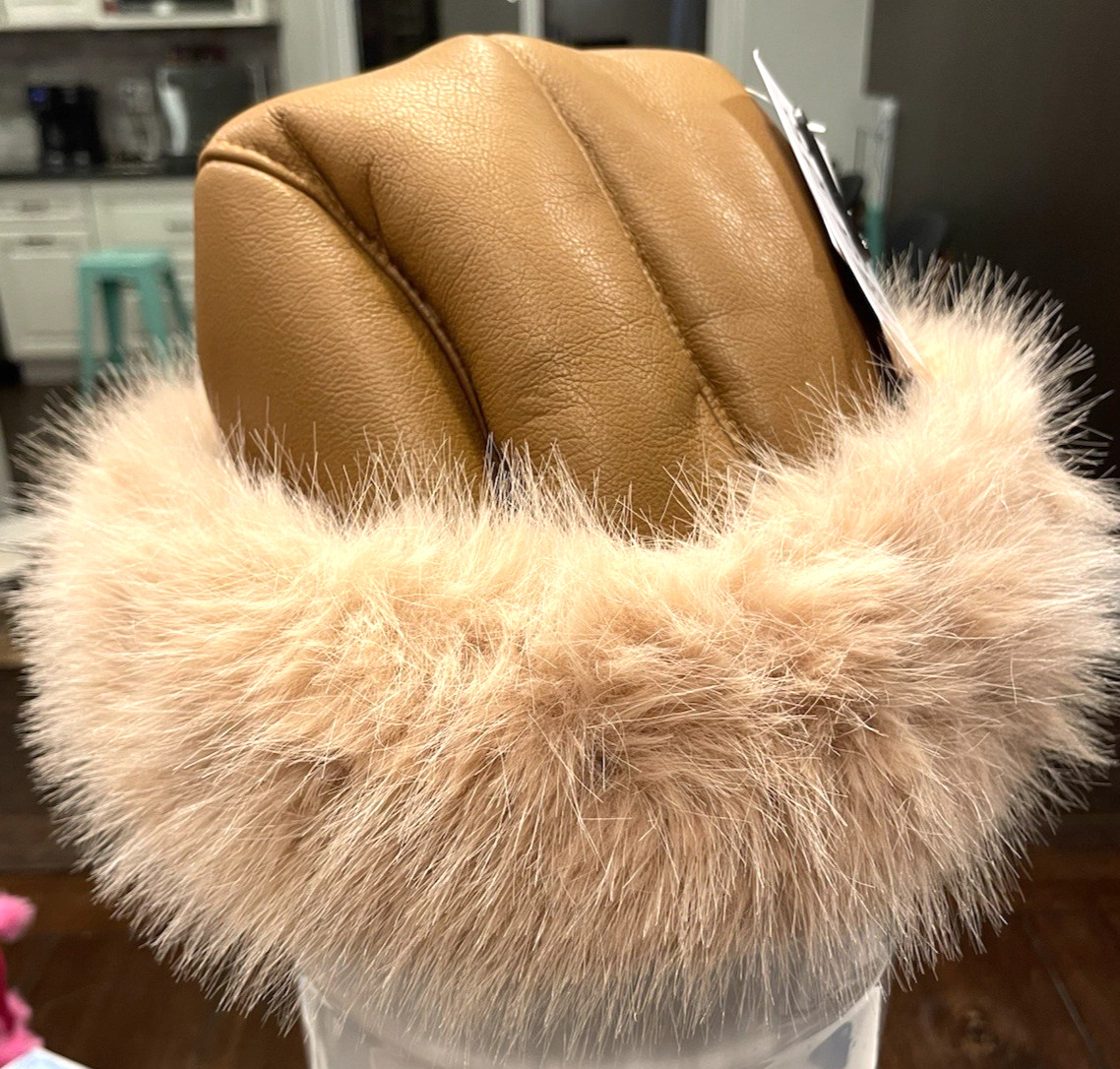 Faux Leather Roller Hat with Faux Fur Trim