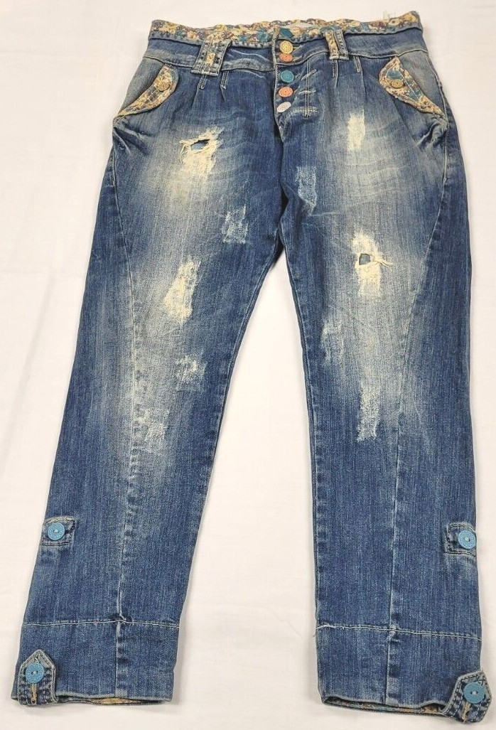 Blue White Jeans (8) Blue. Distressed. Button Fly. Button-Floral Accents. Pocket