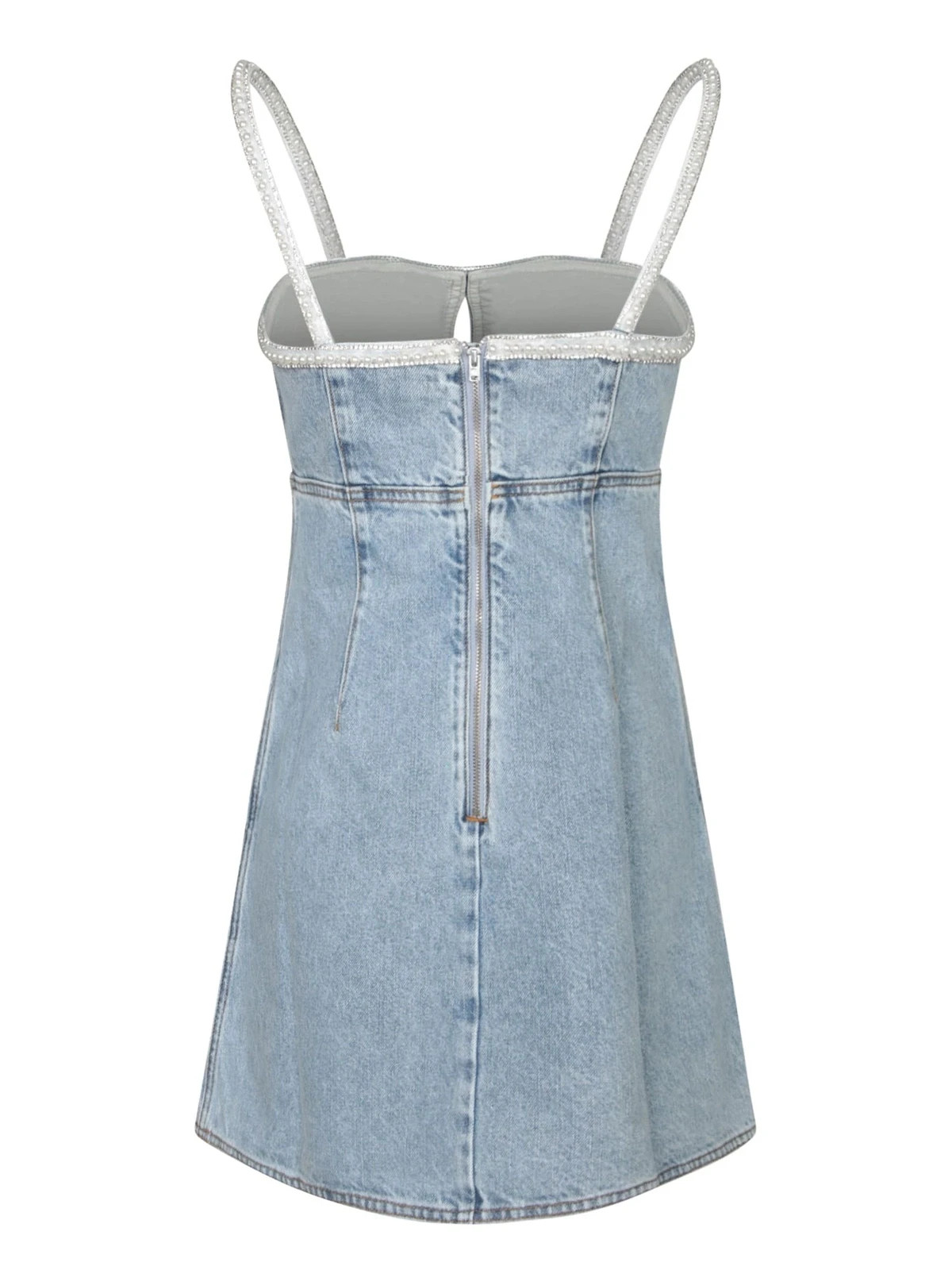 Self-Portrait LIGHT Denim RHINESTONE Pearl-Trim BOW Minidress CUTOUT SZ 8 NWT