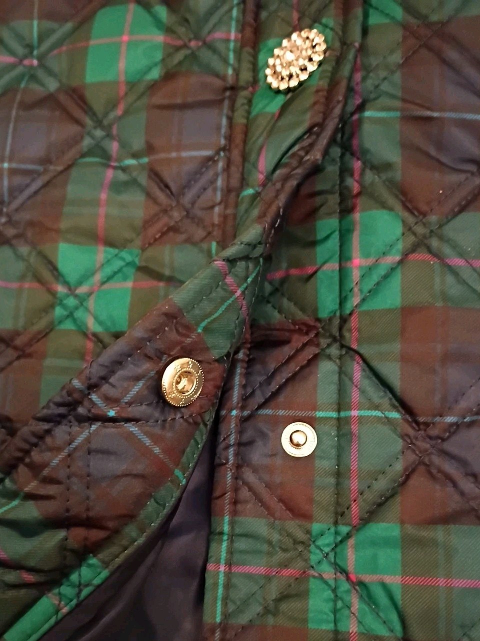 Crown & Ivy Navy Green Plaid Quilted Jacket Bling Rhinestone Button Snaps Sz M