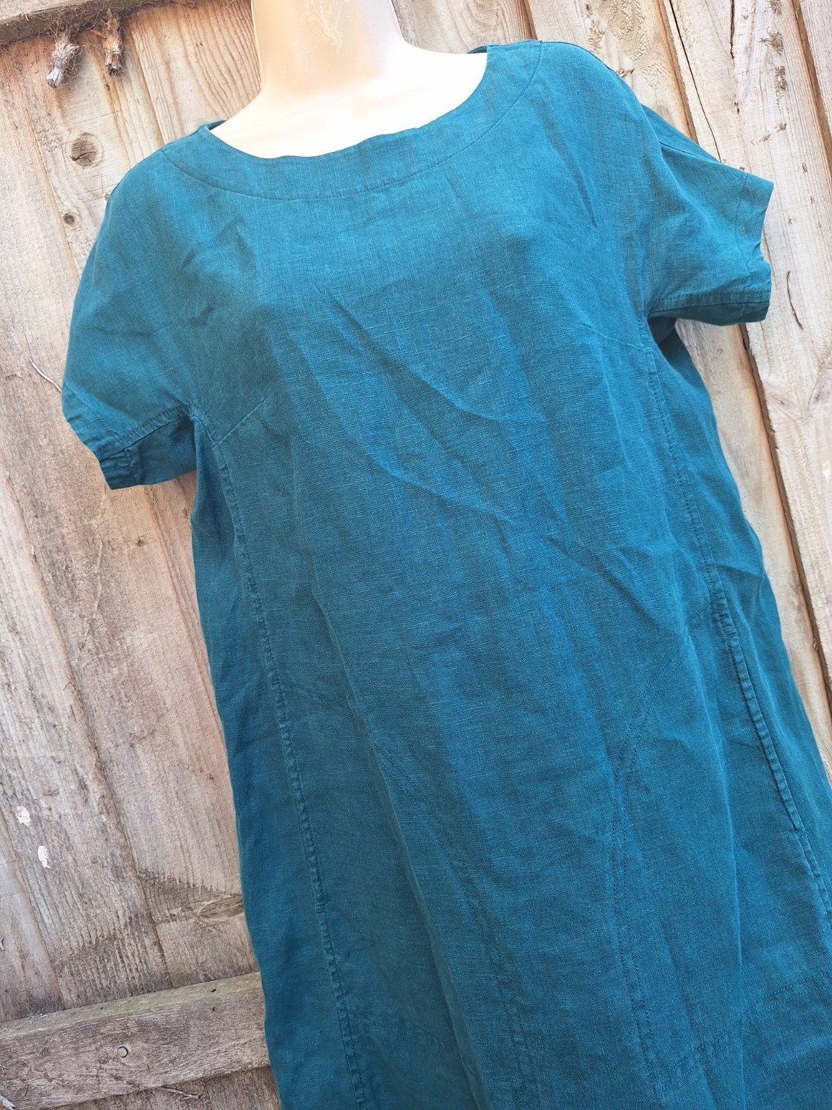 Seasalt Boxy Loose Fit Linen Teal Blue Green Shift Primary Dress UK 8 EU 36 US 4