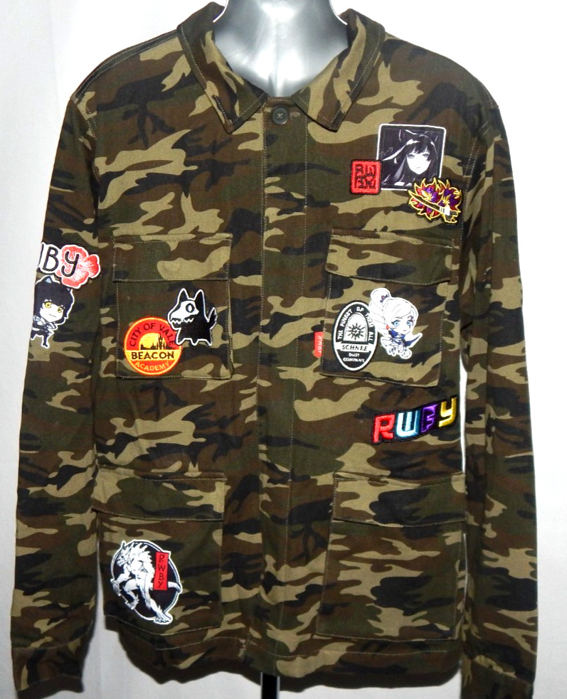 Vtg RWBY Anime Camo Jacket Green Cotton Canvas Button Down Patches Medium RARE