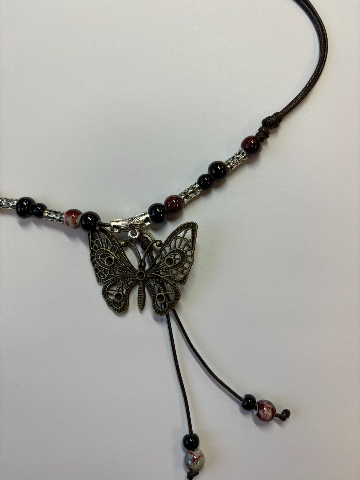 Black White Bead Silver Butterfly Pendant Charm Blessing Vintage Necklace