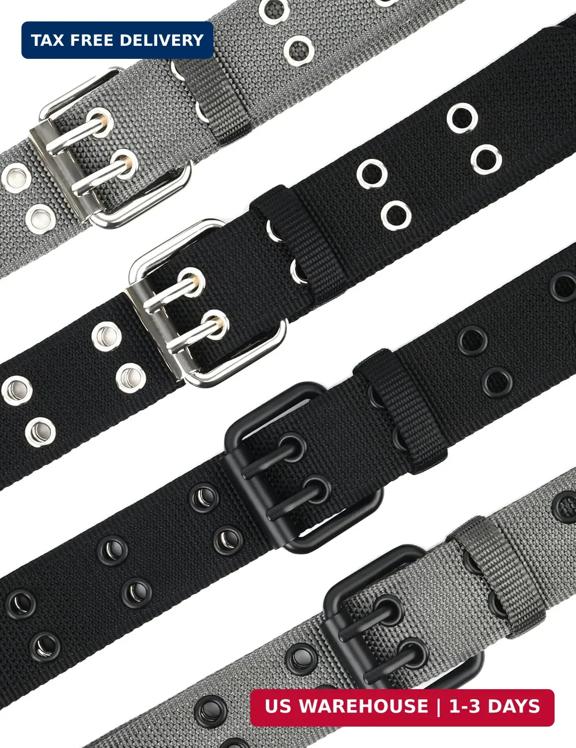 Double Prong Buckle Nylon Punk Belt Men Women, Sizes 28-64 Inches