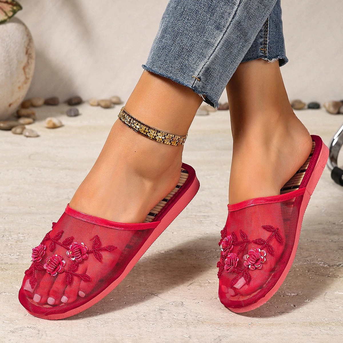 Womens Mesh Floral Sequined Chinese Slippers Summer Closed Toe Mules Shoes