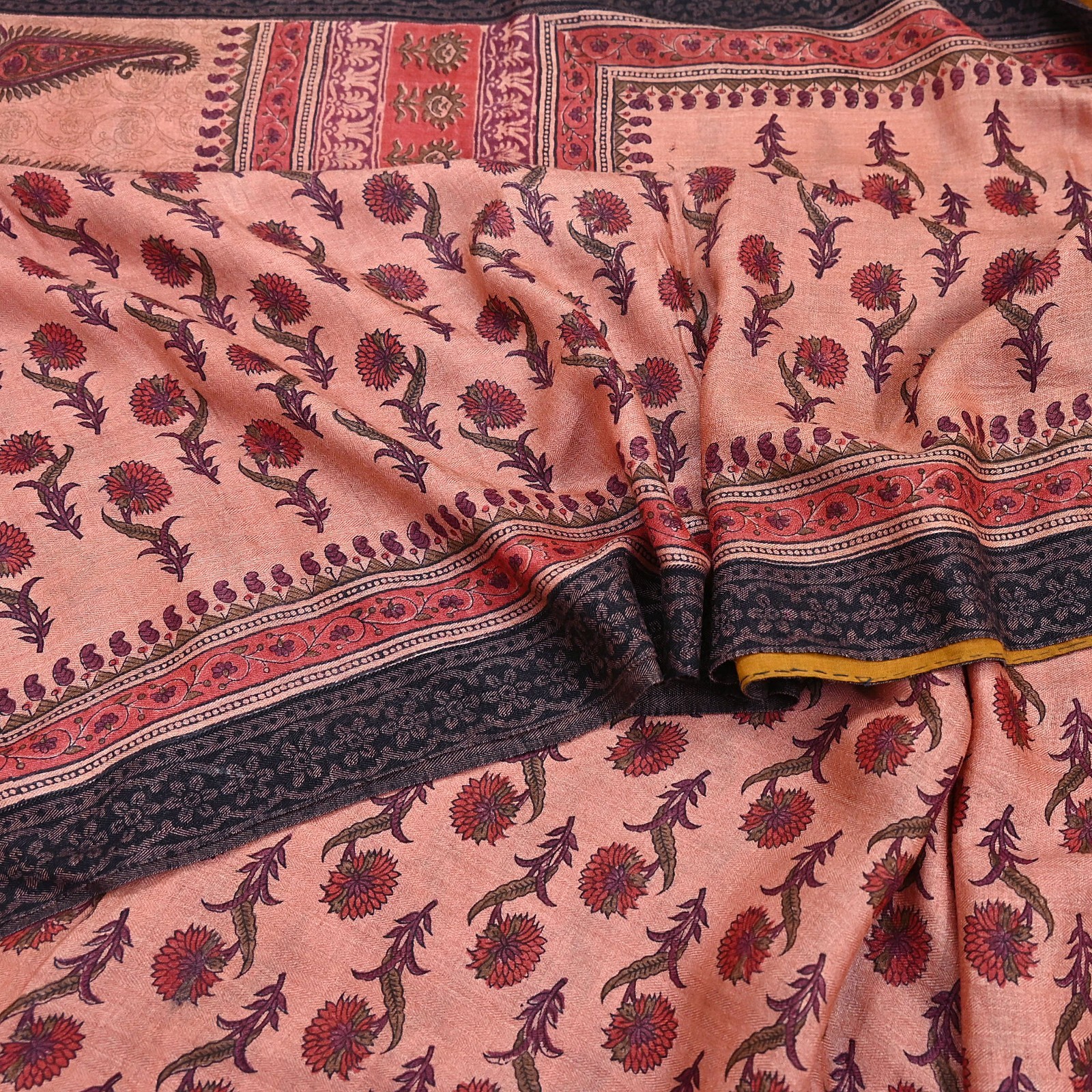 Vintage Peach Wool Saree Indian Pure Woolen Woven Floral Fabric 6Yard Soft Warm