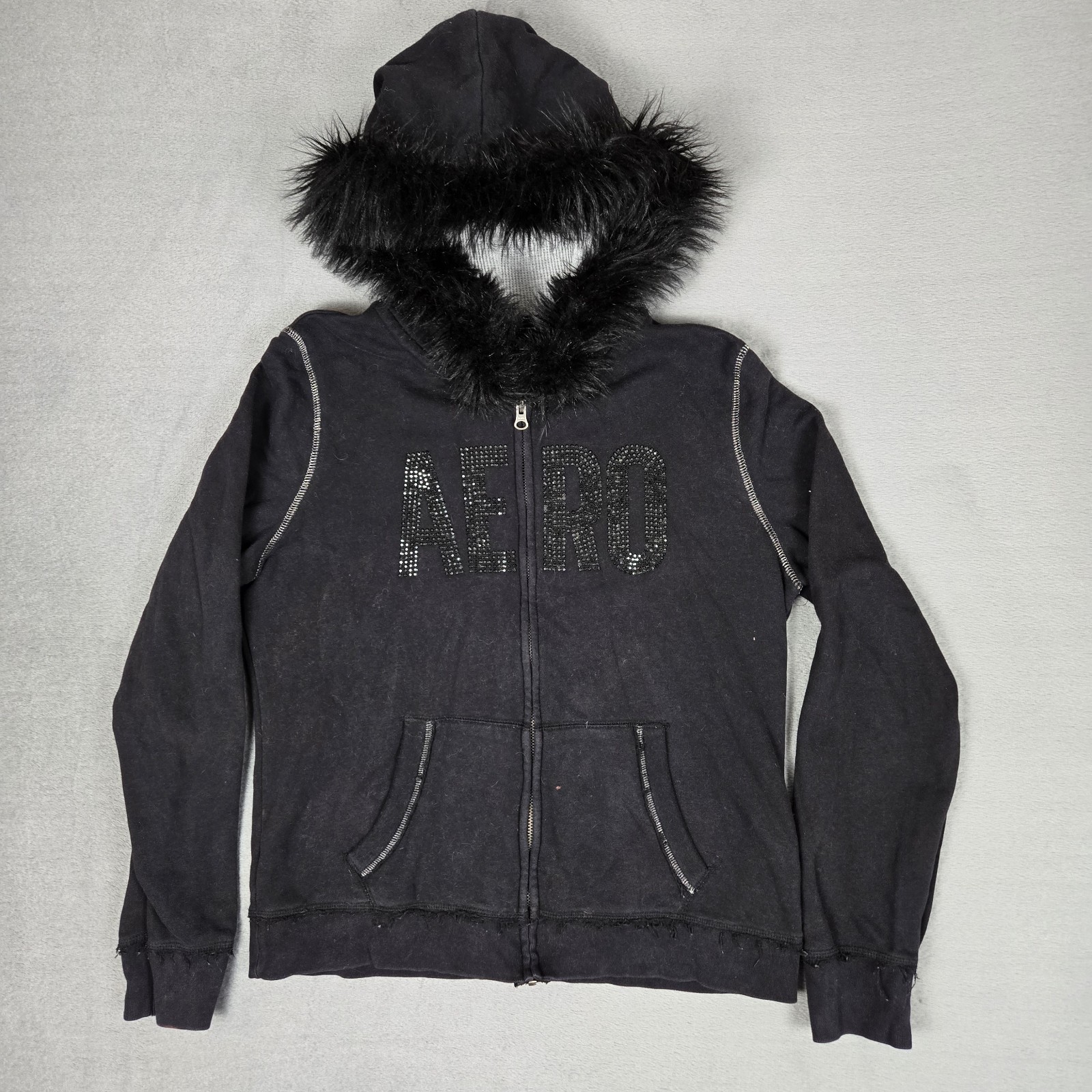 VTG Aeropostale Hoodie XL Black Fur Trim Full Zip Aero Bling Logo Y2K *READ