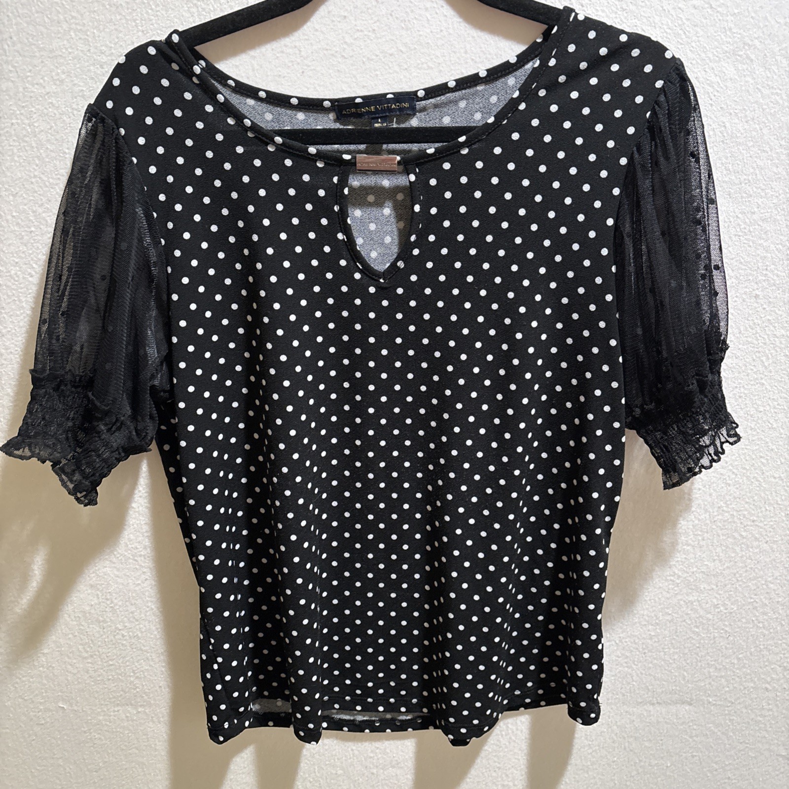 Adrienne Vittadini Black & White Polka Dot Blosue, Lace Sleeves, Size KLarge