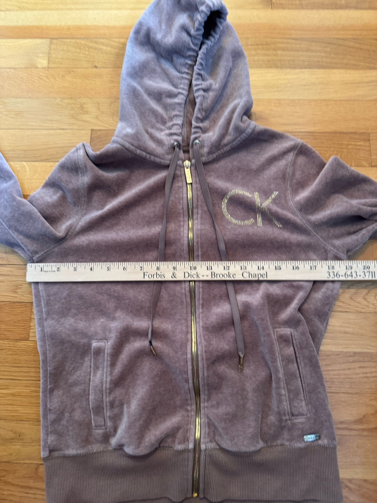 Calvin Klein Womens Velour Hoodie M Brown Rhinestone Logo Zip Up Jacket Soft
