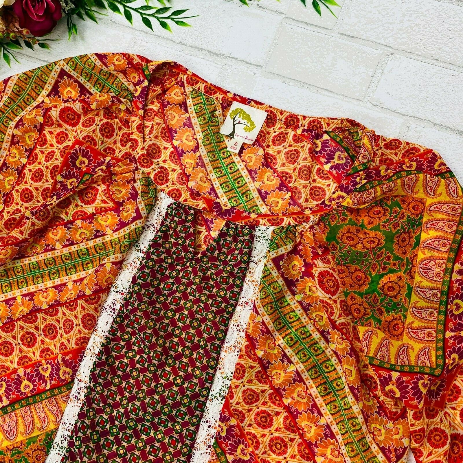 Fig & Flower Peasant Top Womens S Colorful Mixed Print Boho Semi Sheer