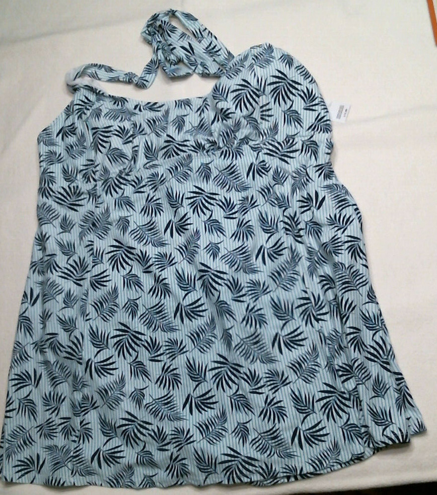 Basic Editions 1-Piece Halter Swimdress, Teal/White-Navy Palms, Reg Sizes, NWT