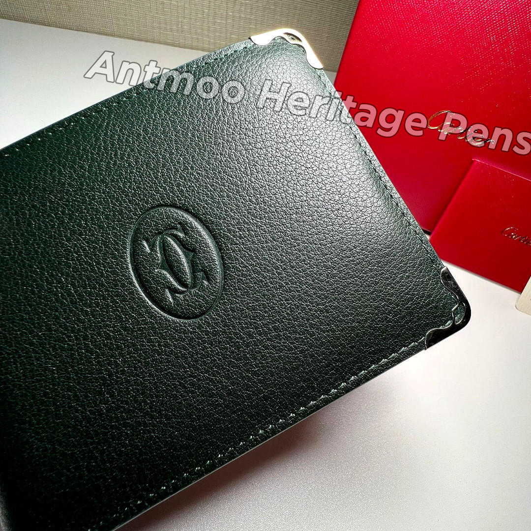CARTIER Black Leather Bifold Wallet Silver-Tone Corner Accent Men Luxury Wallet