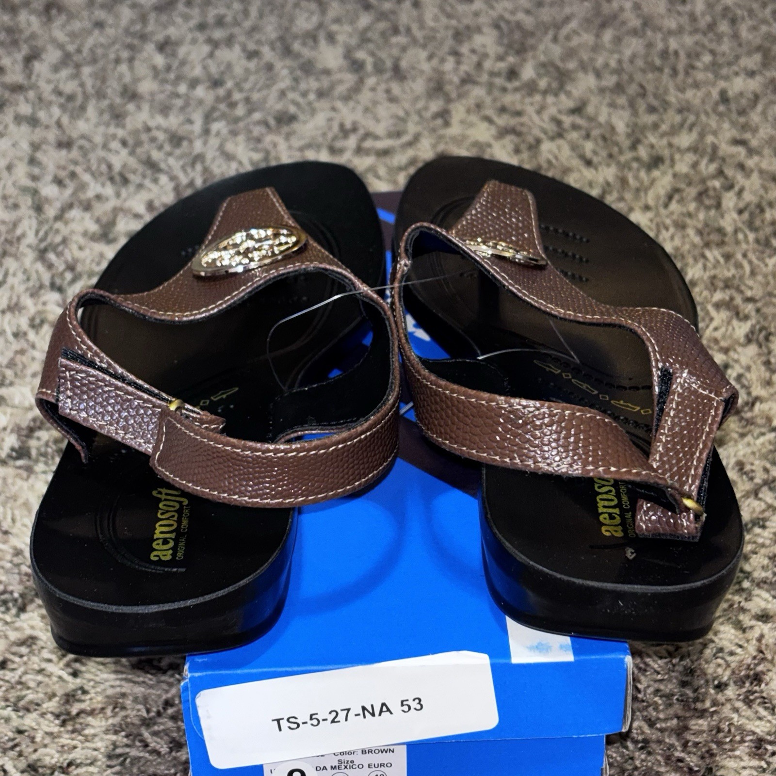 Aerosoft Women’s Thong Sandals Brown/Black/Gold Logo Slip On EU 40 US 9