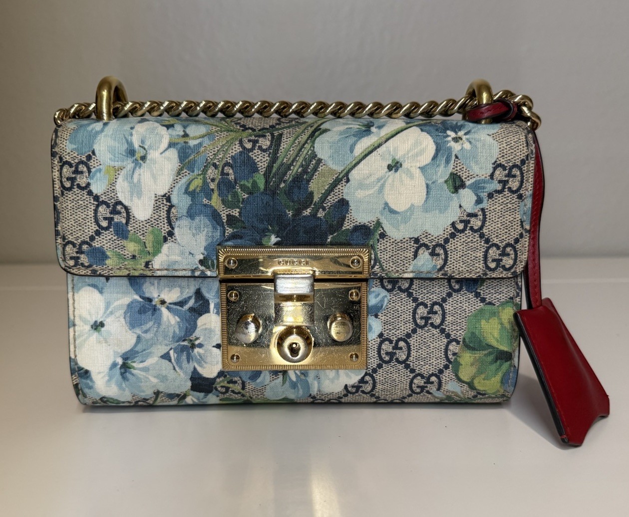 GUCCI GG Supreme Blooms Padlock Small Shoulder Bag Blue Floral Print