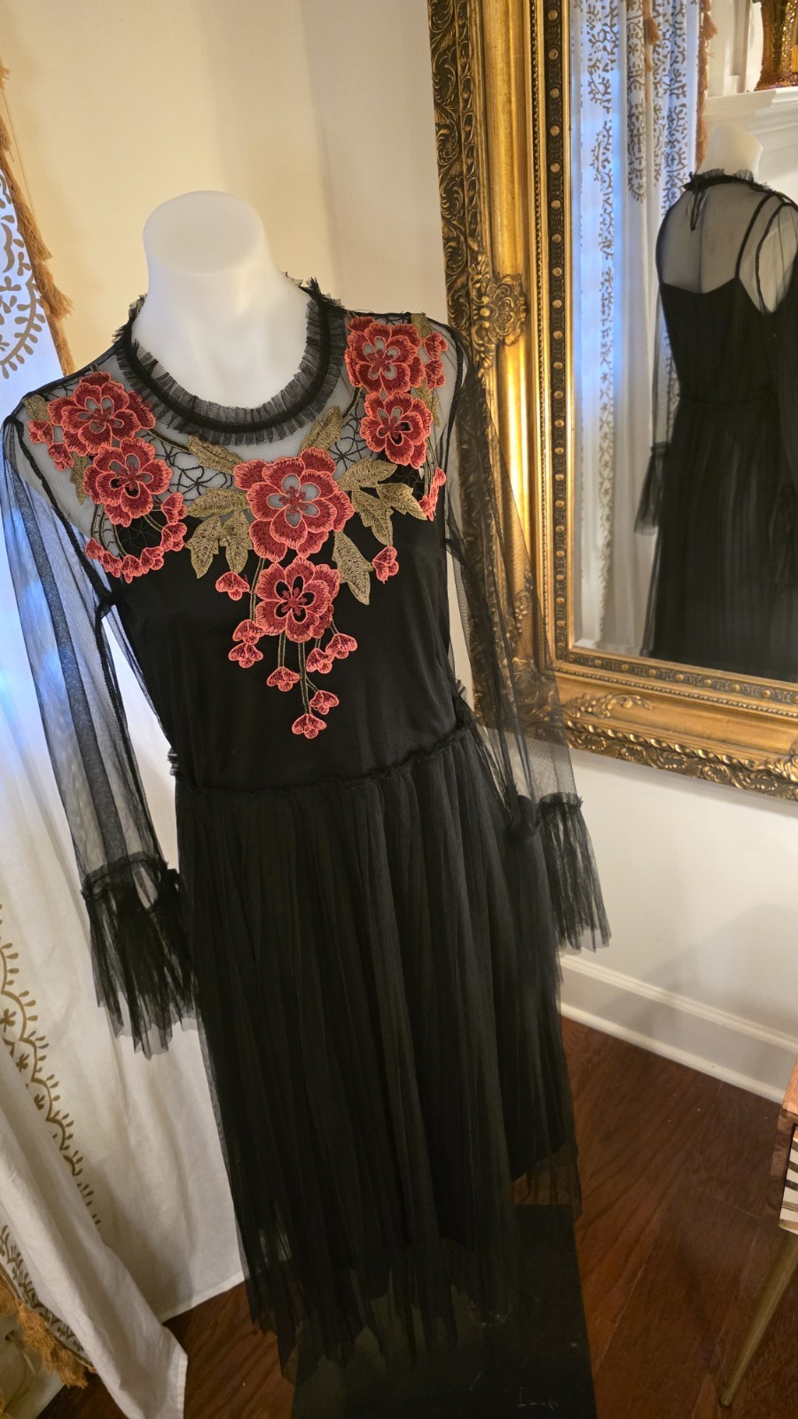 Hesperus Black Mesh Floral Embroidered Sheer Long Sleeve Midi Dress Women Party