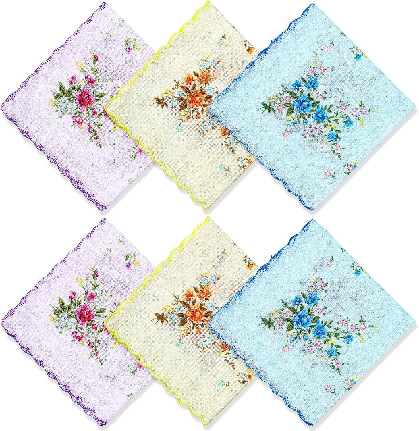 6 Pcs Womens Handkerchiefs Cotton Soft Vintage Floral Embroidered Hankies Organi